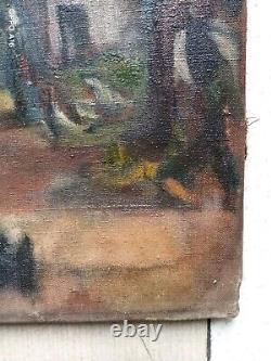 Old Painting Oil on Canvas Animated Village Early 20th Impressionist