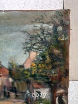 Old Painting Oil on Canvas Animated Village Early 20th Impressionist