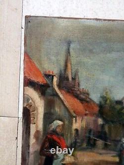 Old Painting Oil on Canvas Animated Village Early 20th Impressionist