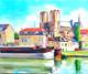 Old Painting Oil On Canvas Barges In Reims Signed Mateo Dated 65