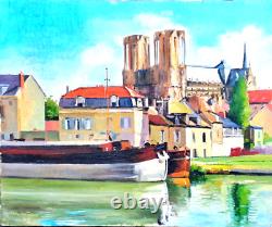 Old Painting Oil on Canvas Barges in Reims Signed Mateo Dated 65
