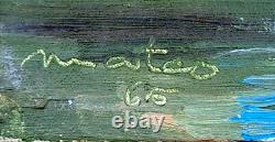 Old Painting Oil on Canvas Barges in Reims Signed Mateo Dated 65