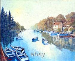 Old Painting Oil on Canvas Boats at Anchor M. Moravski Serre (Nice)