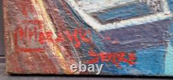 Old Painting Oil on Canvas Boats at Anchor M. Moravski Serre (Nice)