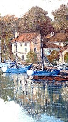 Old Painting Oil on Canvas Boats at Anchor M. Moravski Serre (Nice)