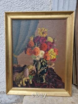 Old Painting Oil on Canvas Bouquet of Flowers