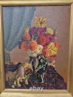 Old Painting Oil on Canvas Bouquet of Flowers