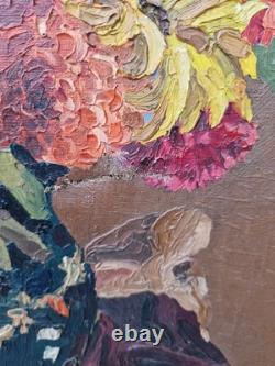 Old Painting Oil on Canvas Bouquet of Flowers