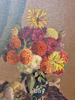 Old Painting Oil on Canvas Bouquet of Flowers