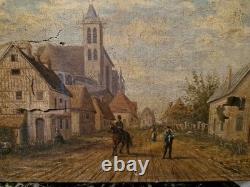 Old Painting, Oil on Canvas, Busy Village Street Signed 19th Century S