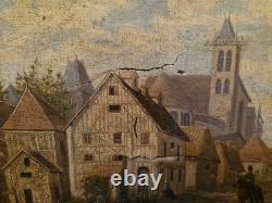 Old Painting, Oil on Canvas, Busy Village Street Signed 19th Century S