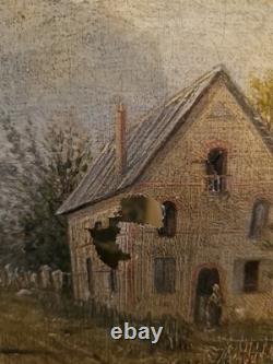 Old Painting, Oil on Canvas, Busy Village Street Signed 19th Century S