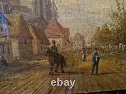 Old Painting, Oil on Canvas, Busy Village Street Signed 19th Century S
