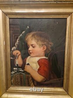 Old Painting Oil on Canvas Child Playing with Dominoes