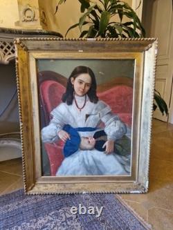 Old Painting, Oil on Canvas, Child and Her Doll, 19th Century