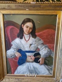 Old Painting, Oil on Canvas, Child and Her Doll, 19th Century