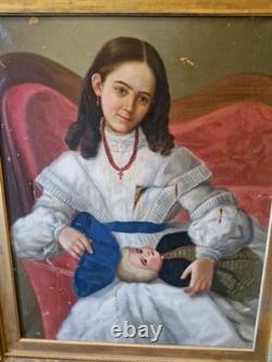 Old Painting, Oil on Canvas, Child and Her Doll, 19th Century