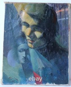Old Painting Oil on Canvas Cubist Abstract Portrait of a Woman Signed