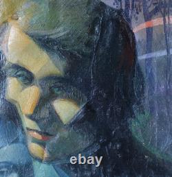 Old Painting Oil on Canvas Cubist Abstract Portrait of a Woman Signed