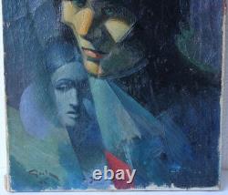 Old Painting Oil on Canvas Cubist Abstract Portrait of a Woman Signed