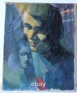 Old Painting Oil on Canvas Cubist Abstract Portrait of a Woman Signed