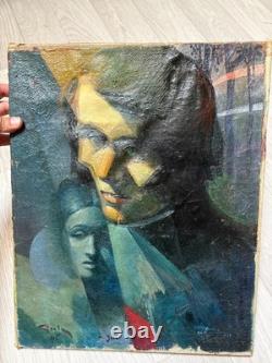 Old Painting Oil on Canvas Cubist Abstract Portrait of a Woman Signed