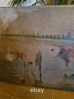 Old Painting Oil on Canvas Depicting Cows