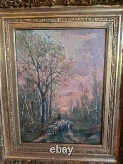 Old Painting, Oil on Canvas Depicting Sheep, 19th Century, Gilt Frame