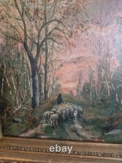 Old Painting, Oil on Canvas Depicting Sheep, 19th Century, Gilt Frame