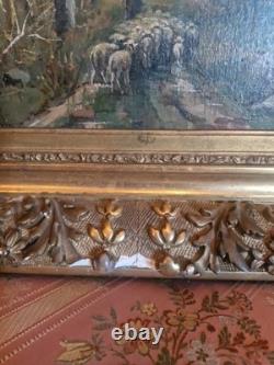 Old Painting, Oil on Canvas Depicting Sheep, 19th Century, Gilt Frame