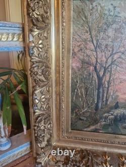 Old Painting, Oil on Canvas Depicting Sheep, 19th Century, Gilt Frame
