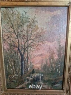 Old Painting, Oil on Canvas Depicting Sheep, 19th Century, Gilt Frame