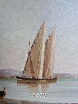 Old Painting, Oil on Canvas Depicting a Seascape, Signed