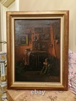 Old Painting, Oil on Canvas Framed Depicting an Interior Scene