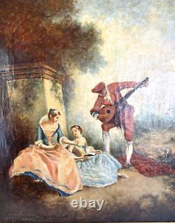 Old Painting Oil on Canvas Gallant Scene After Lancret