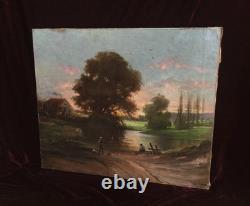 Old Painting Oil on Canvas HST Barbizon School Romantic Countryside 19th Century
