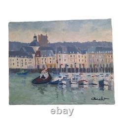 Old Painting Oil on Canvas Honfleur Marine Landscape Boat Sailboats