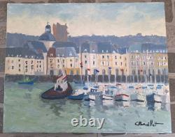 Old Painting Oil on Canvas Honfleur Marine Landscape Boat Sailboats