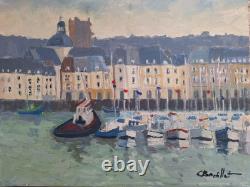 Old Painting Oil on Canvas Honfleur Marine Landscape Boat Sailboats