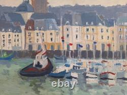 Old Painting Oil on Canvas Honfleur Marine Landscape Boat Sailboats