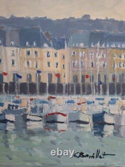 Old Painting Oil on Canvas Honfleur Marine Landscape Boat Sailboats