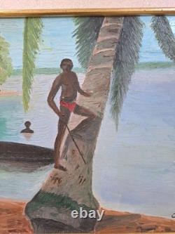 Old Painting Oil on Canvas Island Landscape 1970 Framed Signed Painting