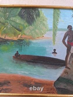 Old Painting Oil on Canvas Island Landscape 1970 Framed Signed Painting