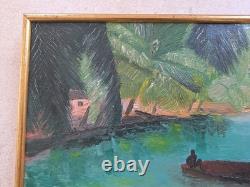 Old Painting Oil on Canvas Island Landscape 1970 Framed Signed Painting