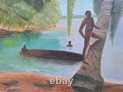 Old Painting Oil on Canvas Island Landscape 1970 Framed Signed Painting