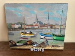 Old Painting Oil on Canvas J. B Maurice VECKER 1899-1988 Small Fishing Port