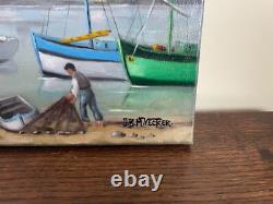 Old Painting Oil on Canvas J. B Maurice VECKER 1899-1988 Small Fishing Port