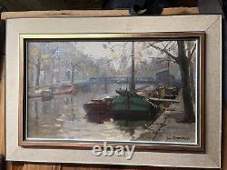 Old Painting, Oil on Canvas, Jan Korthals, Boat, Barge, Impressionist