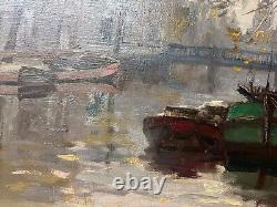 Old Painting, Oil on Canvas, Jan Korthals, Boat, Barge, Impressionist