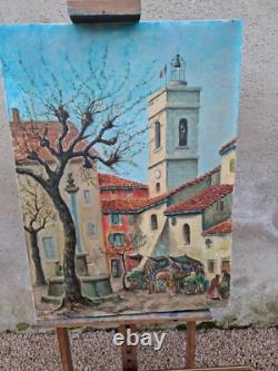 Old Painting / Oil on Canvas, La Valette du Var, Bell Tower and Fountain